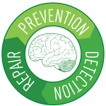 Logo of a brain with the words prevention, detection and repair